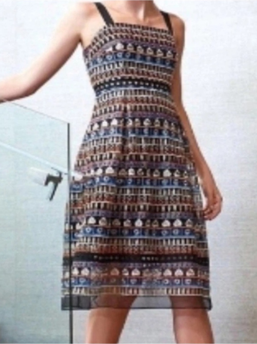 ANTONIO MELANI Blue and Black Embroidered Patterned Sleeveless Midi Dress